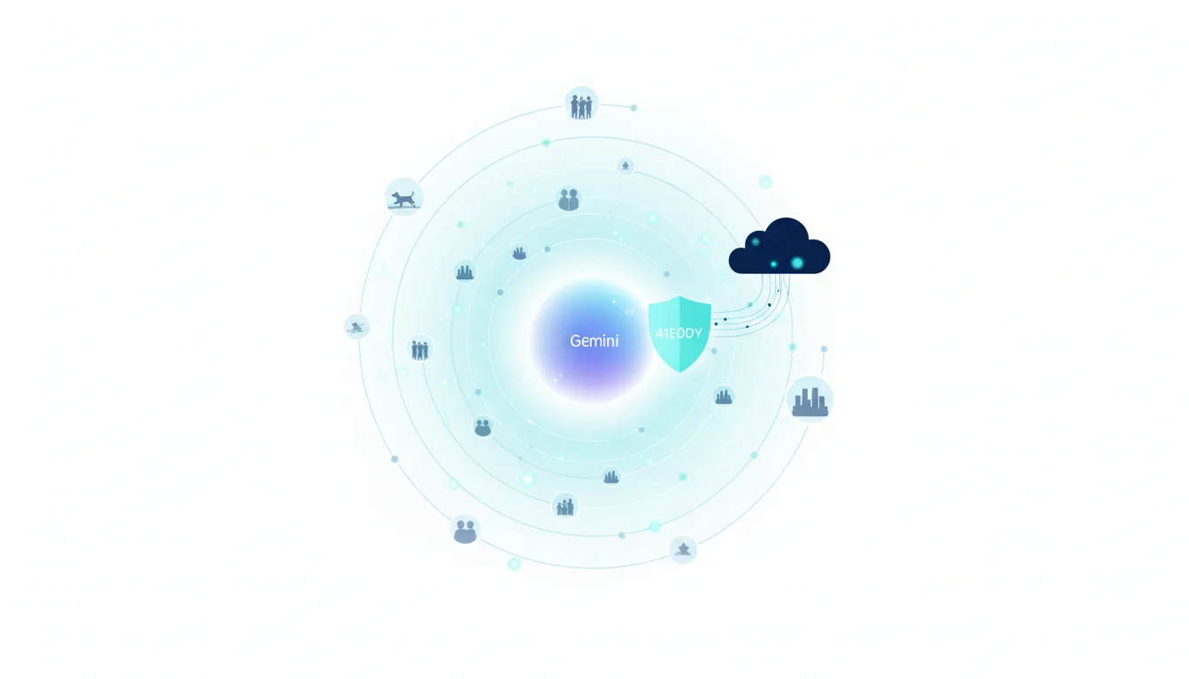 Abstract diagram showing Gemini AI at the center, connected to a cloud and various user icons, representing personal intelligence and data integration.