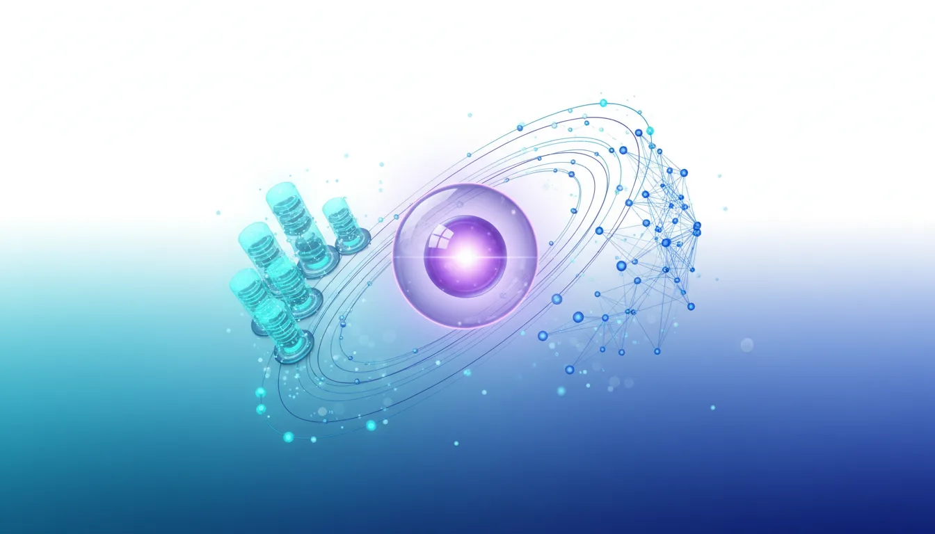 Abstract representation of AI development with a central glowing orb, surrounding data network, and futuristic vials.