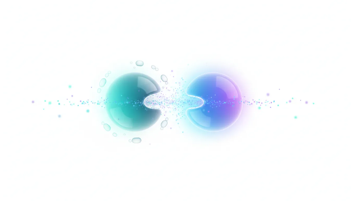 Two abstract spheres, one teal and one purple, connect with a stream of particles and light, symbolizing AI model interaction and evolution.
