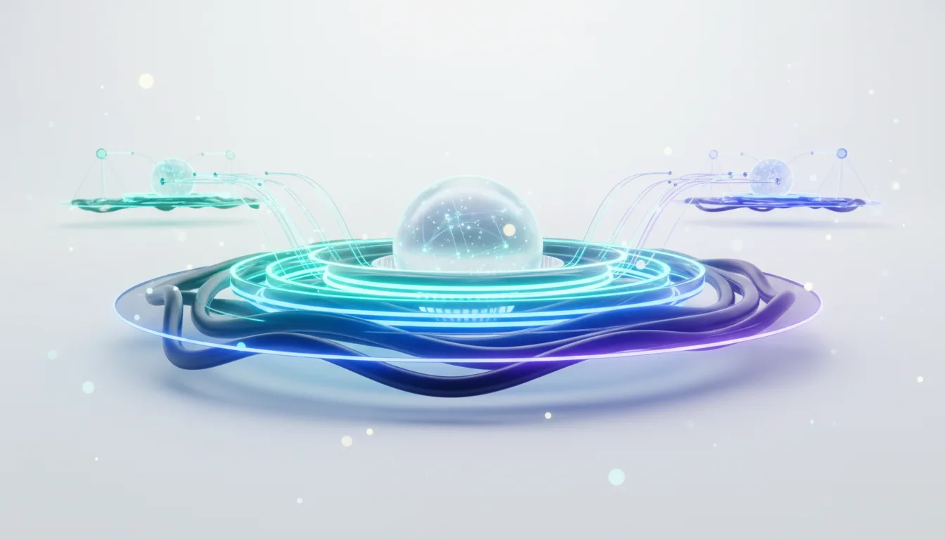 Abstract visualization of a glowing orb connected by futuristic conduits, representing advanced AI technology and interconnected systems.