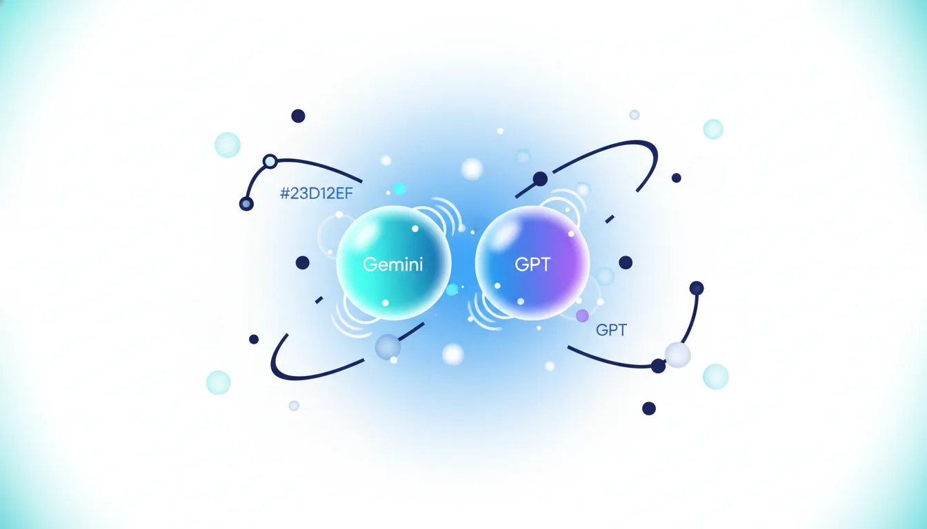 Abstract visualization of Gemini and GPT AI models in a competitive, interconnected relationship with orbiting particles.