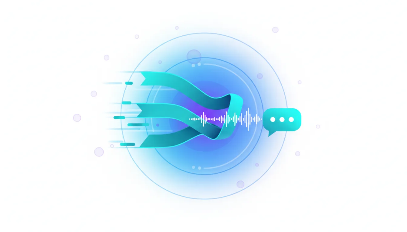 Abstract visualization of fast AI data processing with a ribbon, sound wave, and chat bubble.