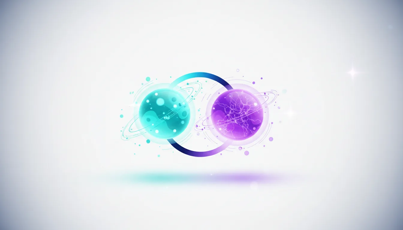 Abstract representation of two distinct AI models, one teal and one purple, connected by a ring, symbolizing GPT-5.4 Pro and Thinking models.