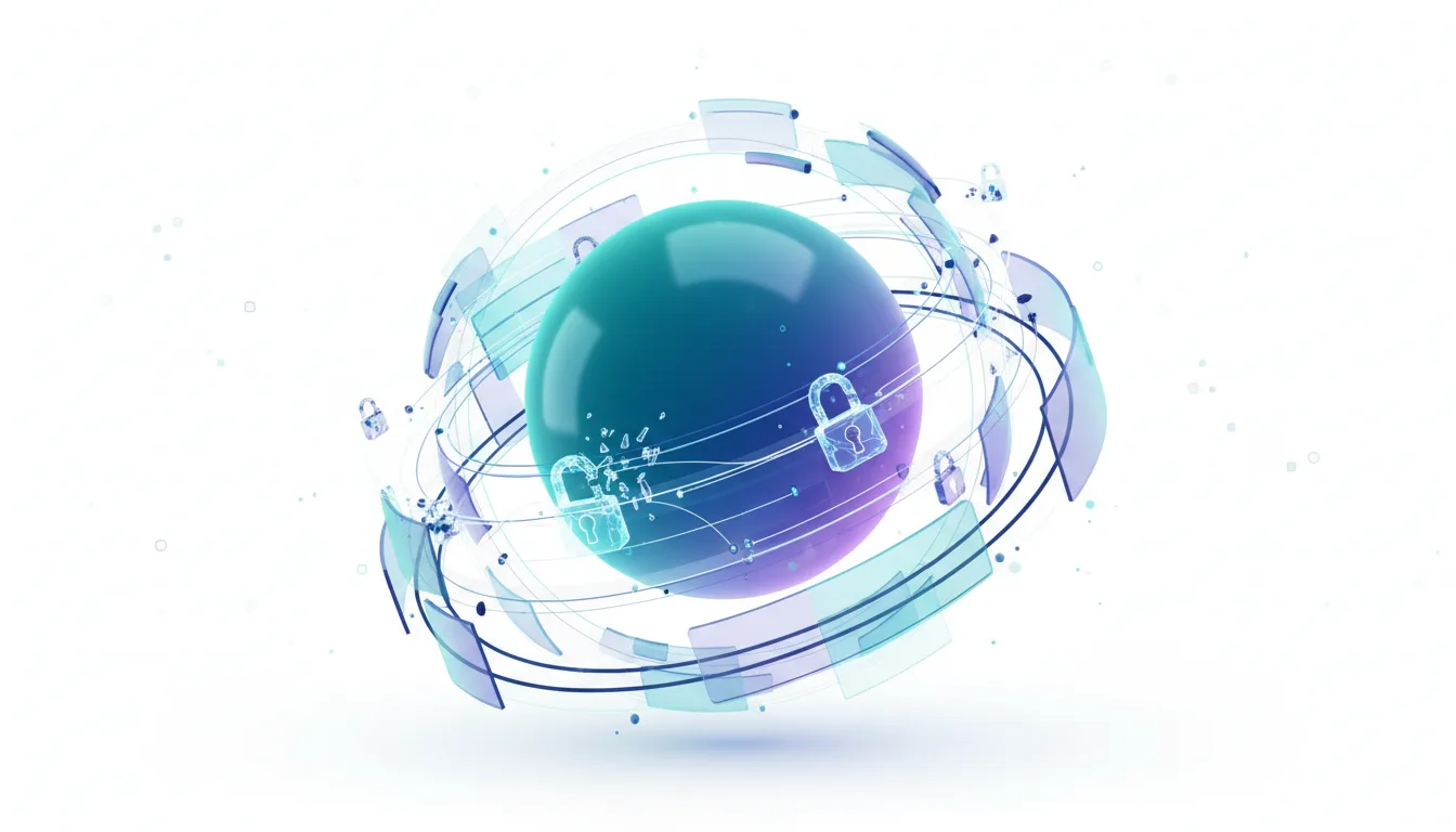 Abstract sphere with orbiting digital locks and data streams representing AI cybersecurity and contextual alignment.