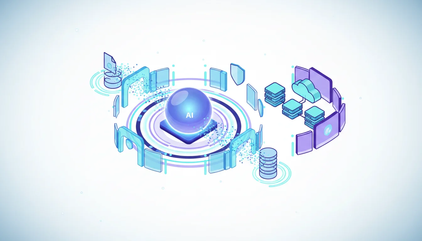Abstract visualization of AI core surrounded by data, cloud, and security elements, representing enterprise data protection.
