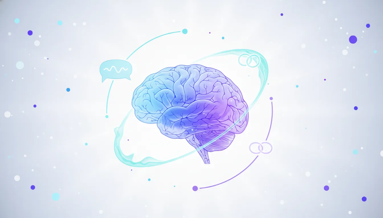 Stylized illustration of a human brain with a speech bubble and connection symbols, representing AI conversational refinement.