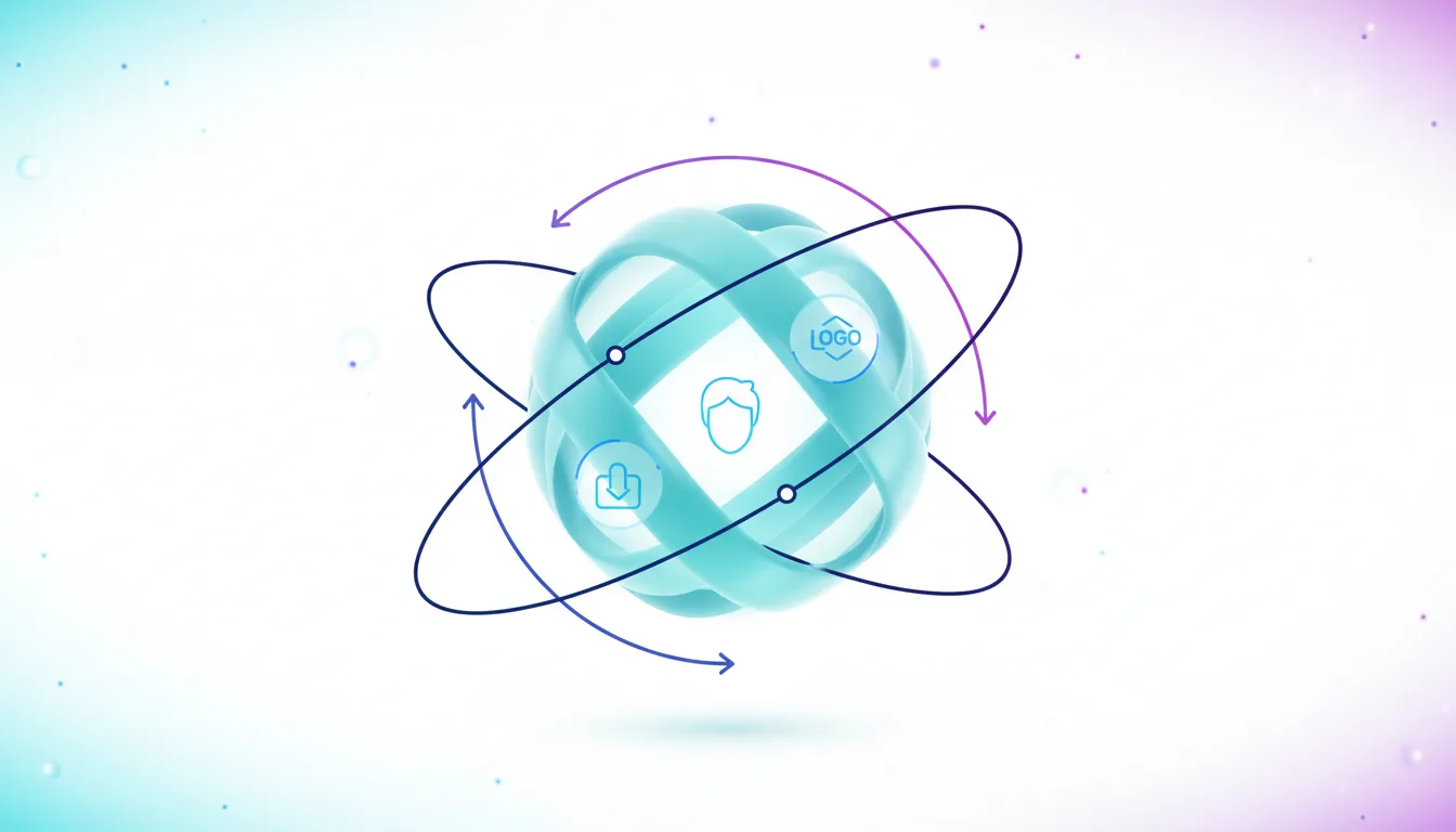Abstract 3D sphere with icons for face, download, and logo, representing AI image generation control and workflows.