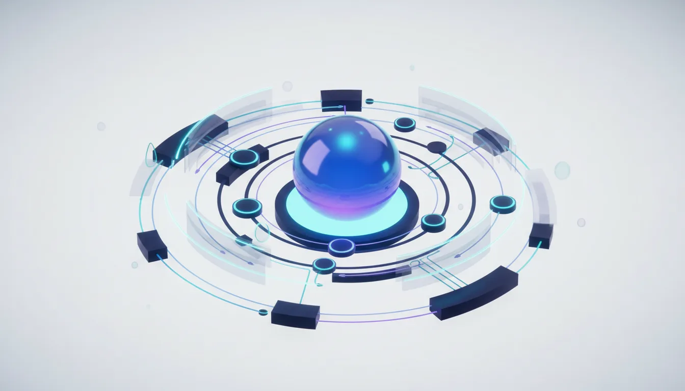 Abstract 3D render of a glowing blue sphere at the center of a futuristic circular interface with digital connections.