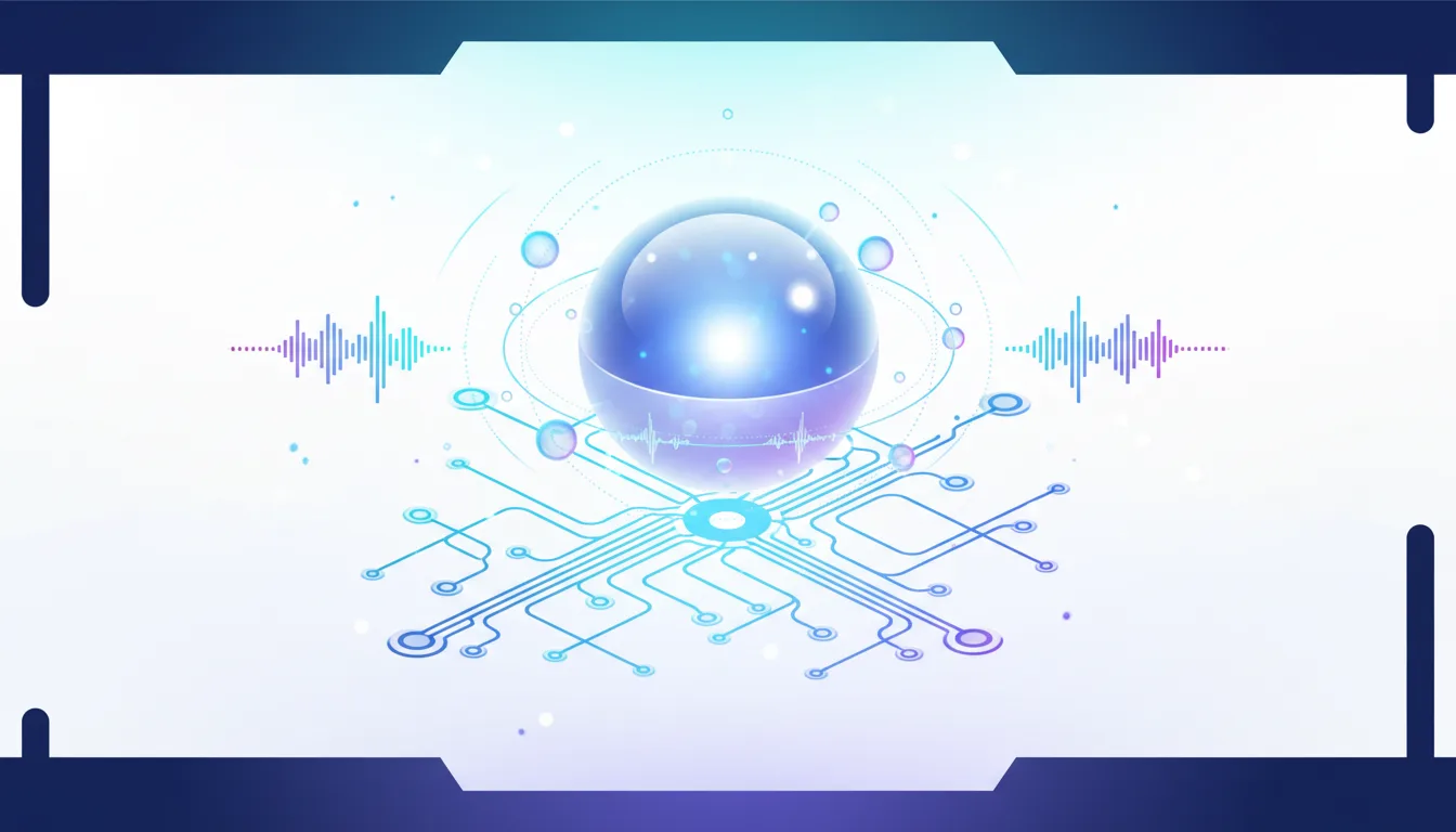 Abstract visualization of a glowing sphere on a circuit board with sound wave patterns, representing OpenAI's real-time voice AI advancements.