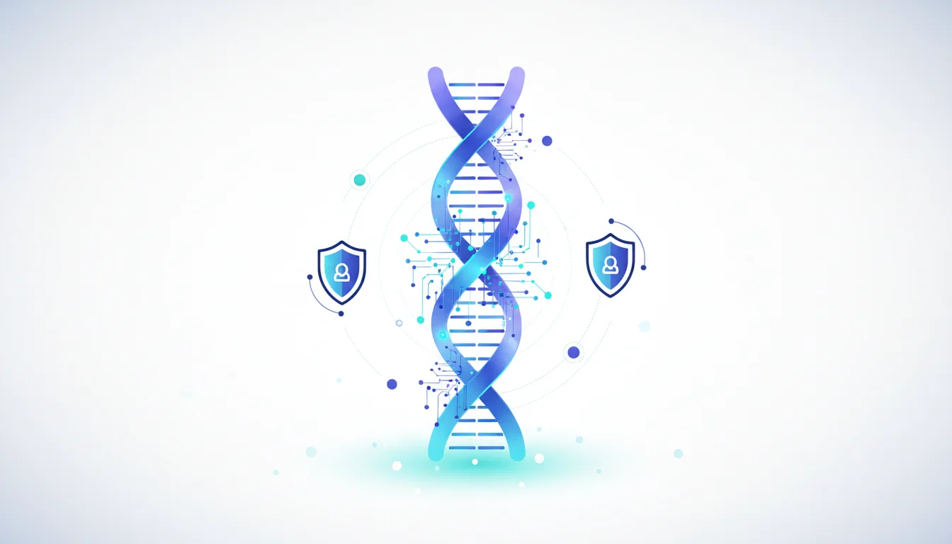 Abstract DNA helix with circuit board patterns and security shields, representing AI in biology and drug discovery.
