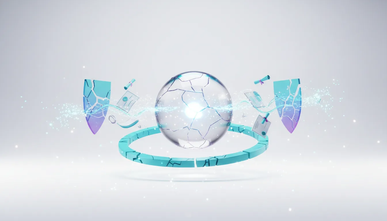 Cracked sphere and shields symbolize AI safety vulnerabilities and academic fraud concerns in education.