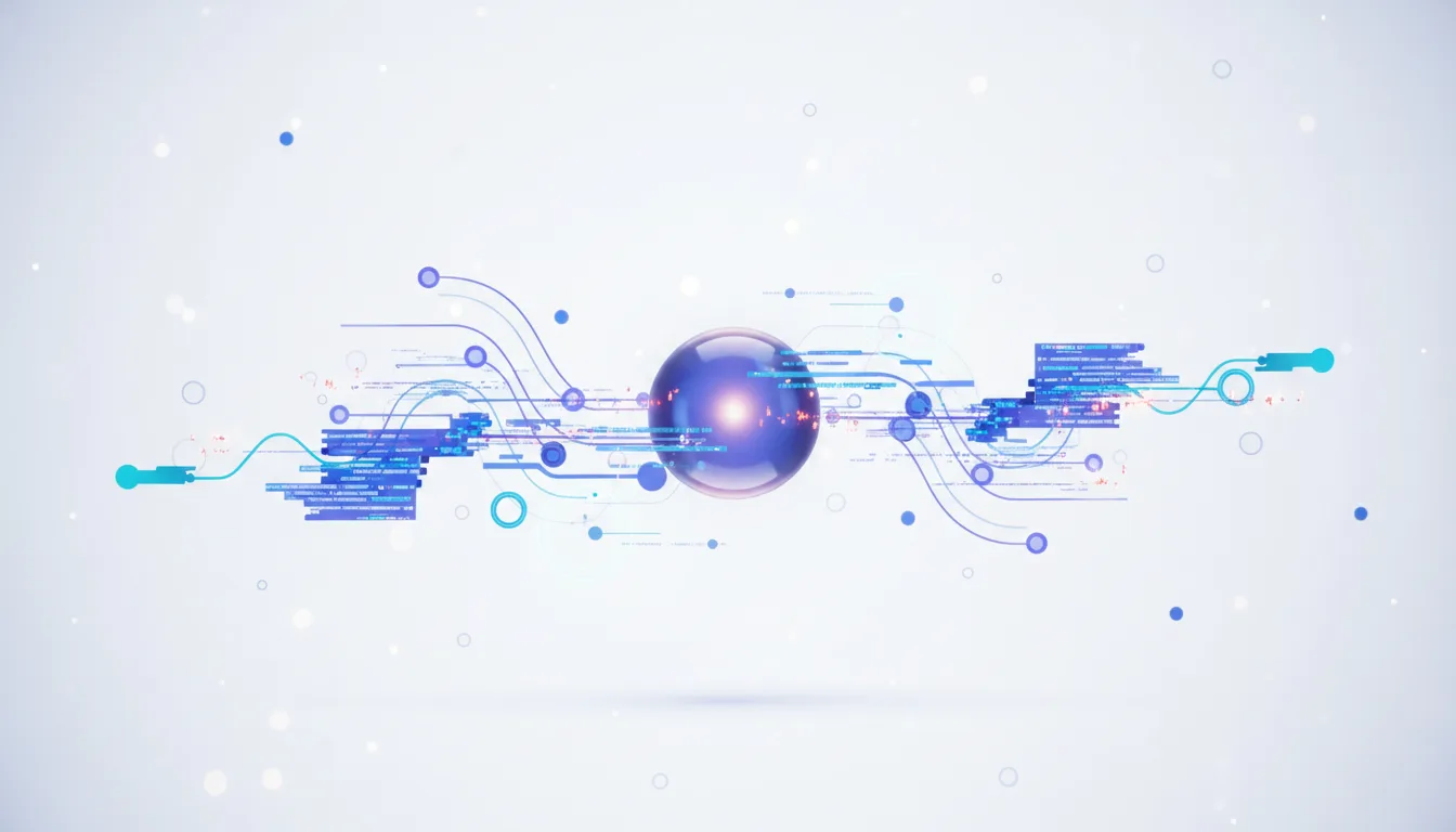 Abstract visualization of a glowing purple sphere at the center, surrounded by flowing lines and blocks of code, representing AI and data processing.