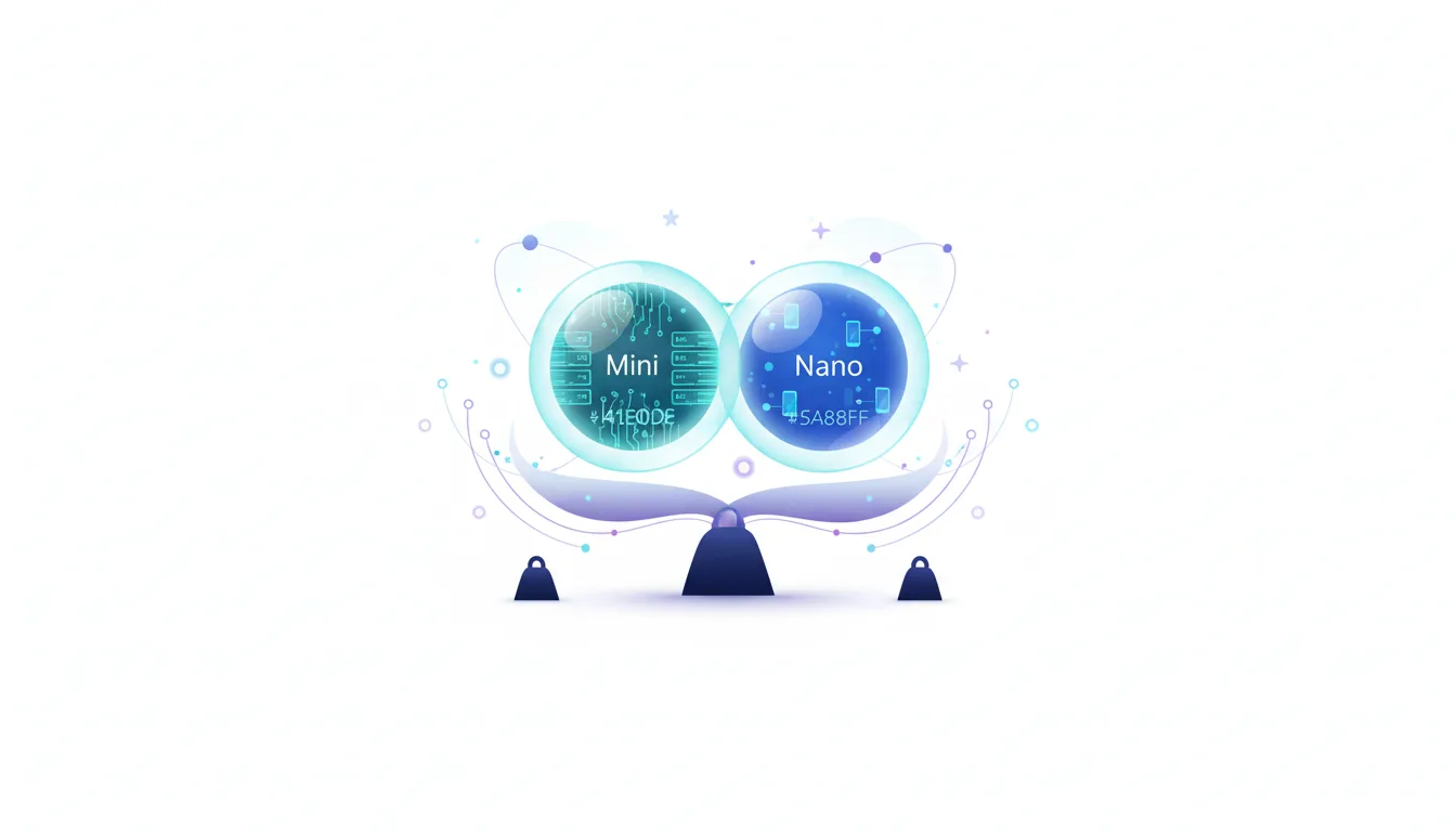Conceptual illustration of OpenAI's hypothetical GPT-5.4 Mini and Nano AI models balanced on a scale, representing cost-effectiveness and efficiency.