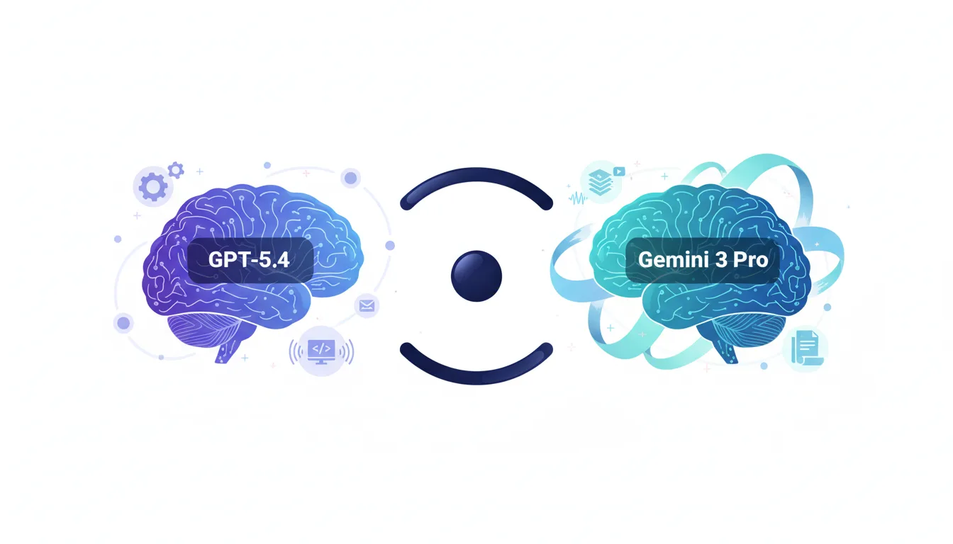 Stylized brains representing GPT-5.4 and Gemini 3 Pro facing each other with connecting abstract elements symbolizing AI competition.