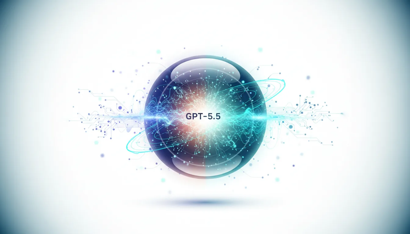 Abstract visualization of GPT-5.5 AI model with glowing core and interconnected data streams.