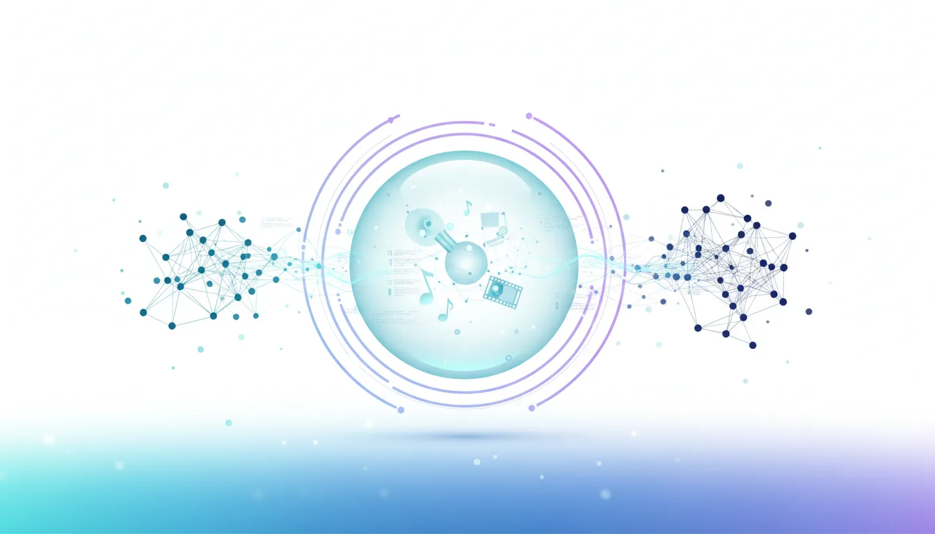 Abstract representation of data connections and a central sphere containing media icons like music notes and film reels, symbolizing AI data processing.