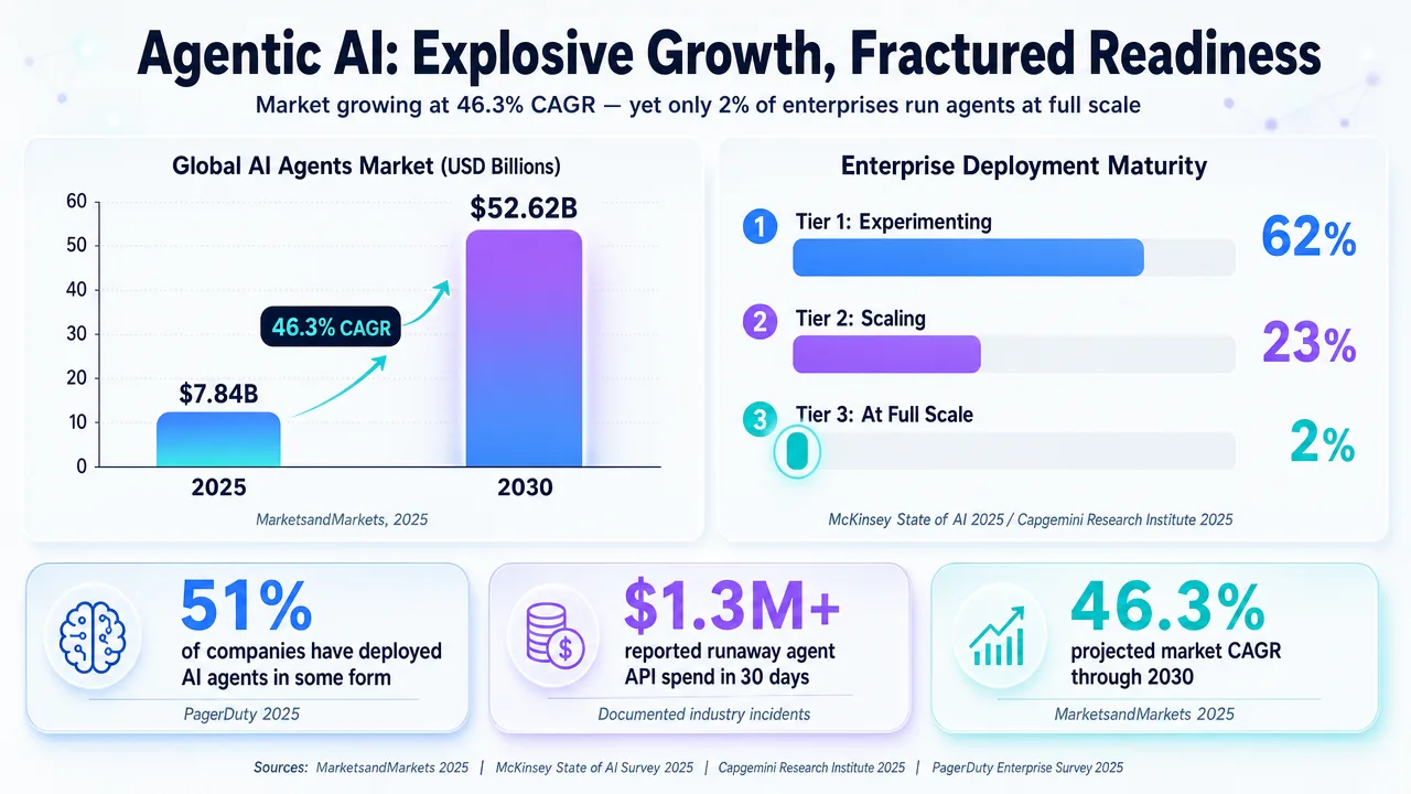 Infographic showing AI agents market growth, enterprise deployment maturity, and cost challenges for autonomous systems.
