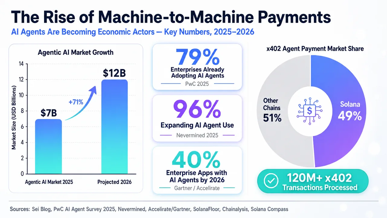 Infographic detailing the rise of machine-to-machine payments and AI agents as economic actors, showing market growth and adoption statistics.