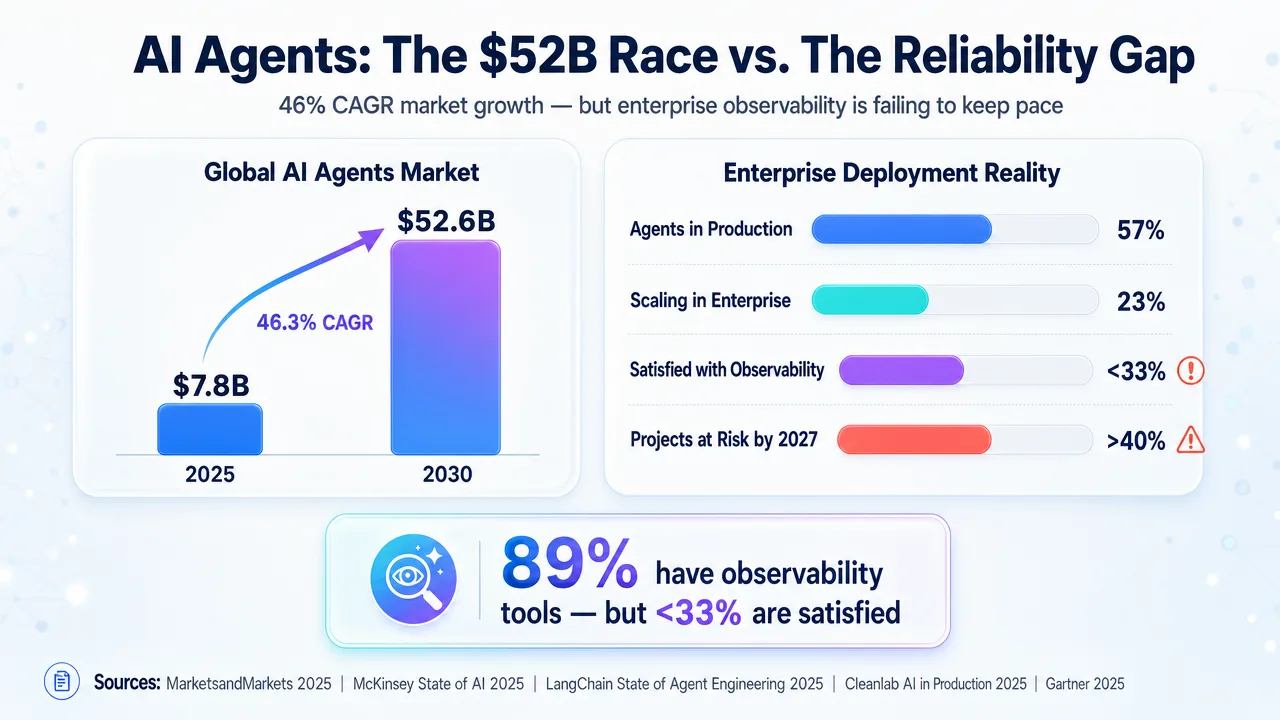 Infographic comparing the AI agents market growth with enterprise deployment realities and observability challenges.