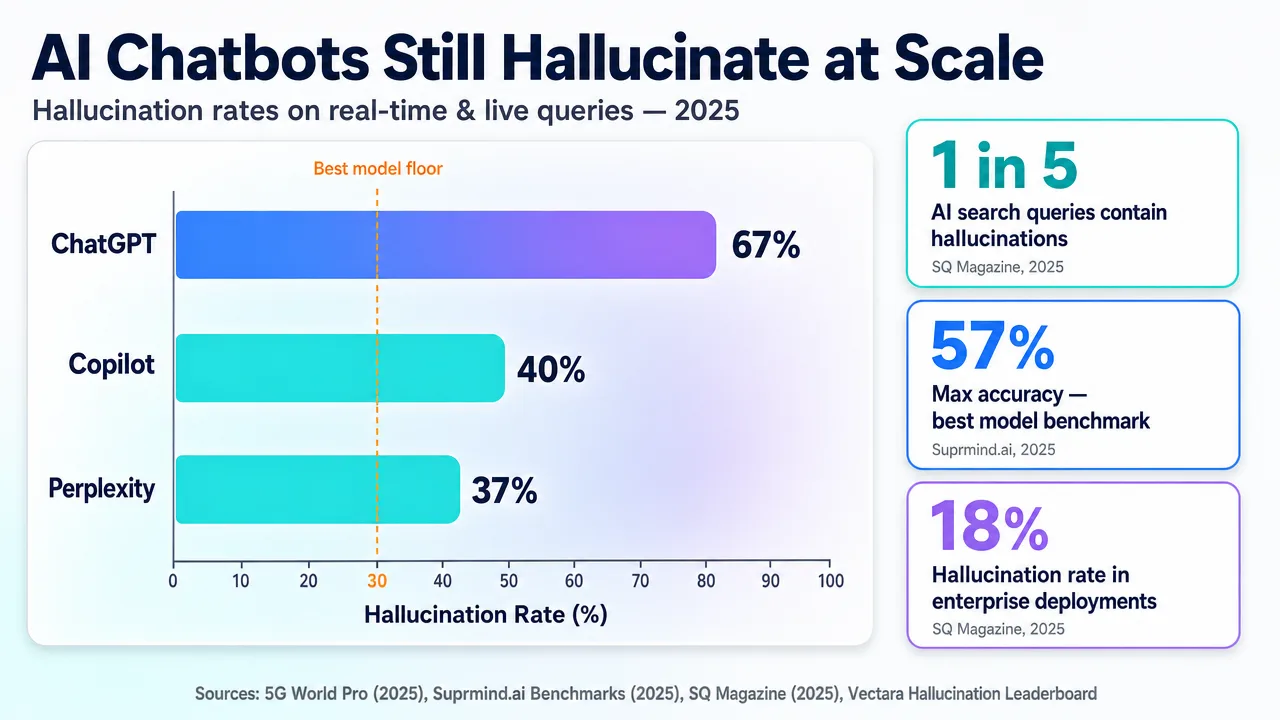Bar chart showing AI chatbot hallucination rates on real-time queries, with 67% for the worst models and 37% for the best.