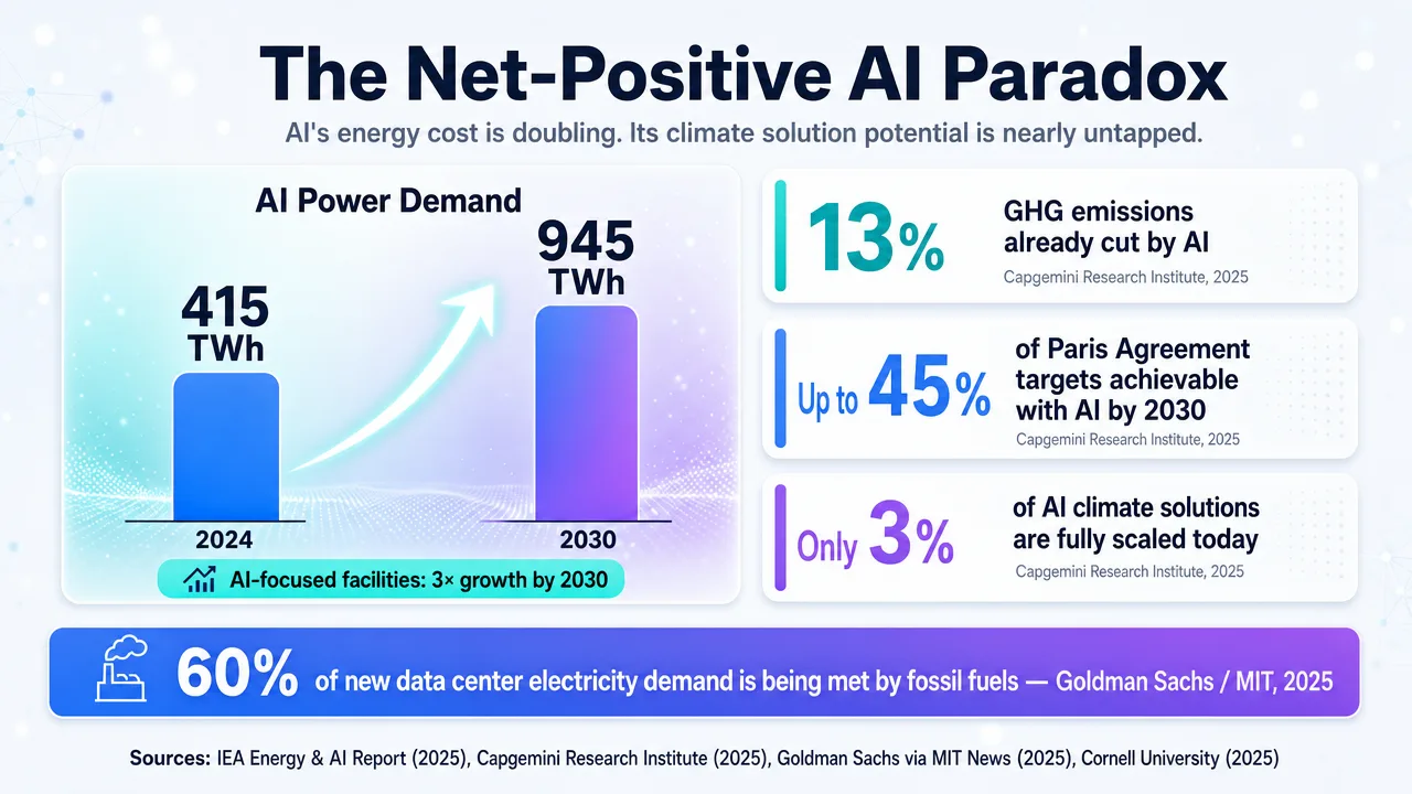 Infographic showing AI power demand growth and climate solution potential, highlighting the Net-Positive AI Paradox.