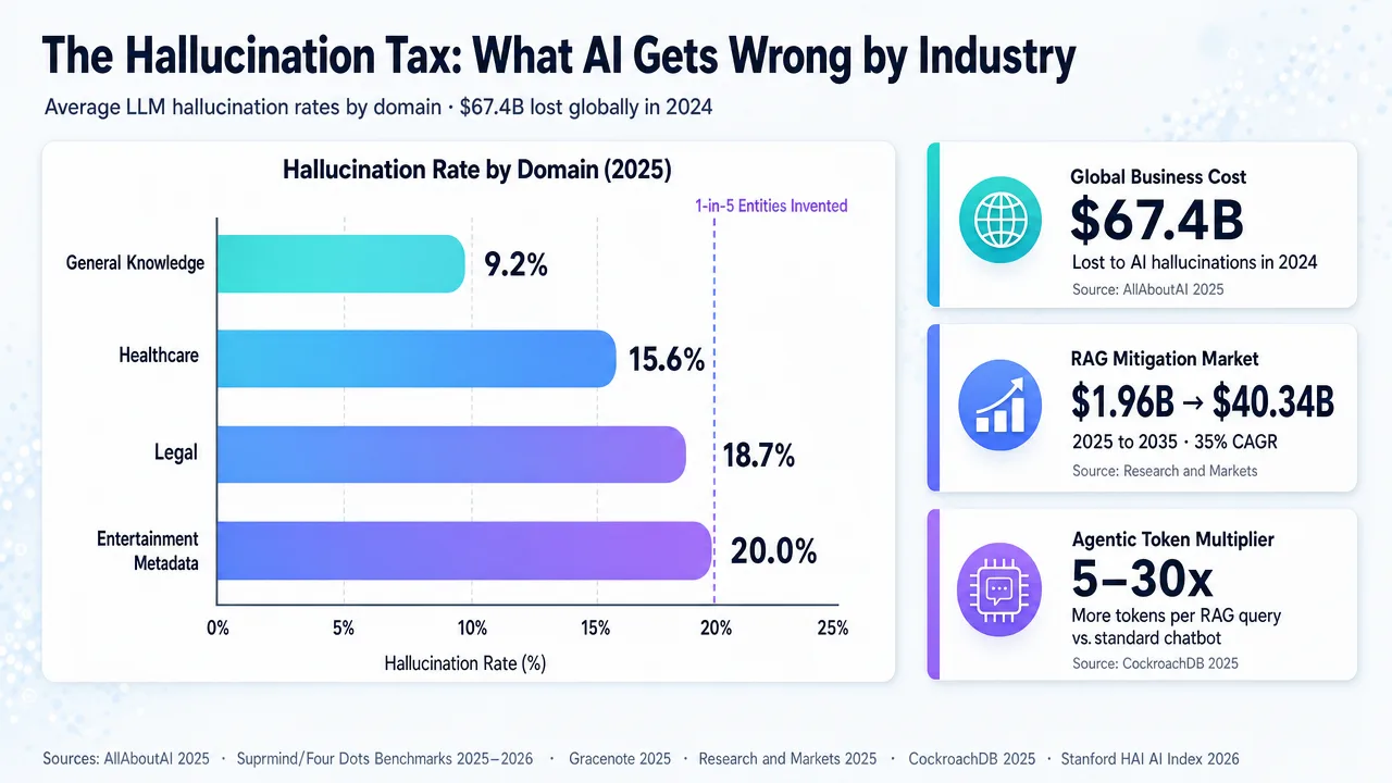 Bar chart showing AI hallucination rates by industry, with legal and government data at 18.7% and 20.0% respectively, highlighting enterprise AI challenges.