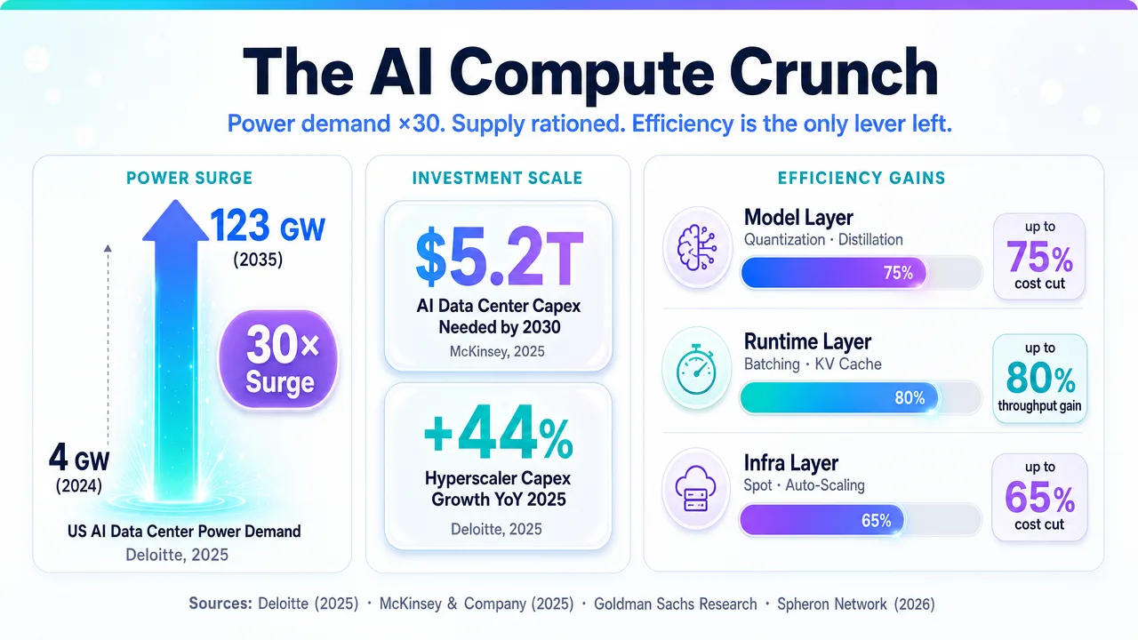 Infographic detailing the AI compute crunch, showing power surge, investment scale, and efficiency gains in AI model deployment.