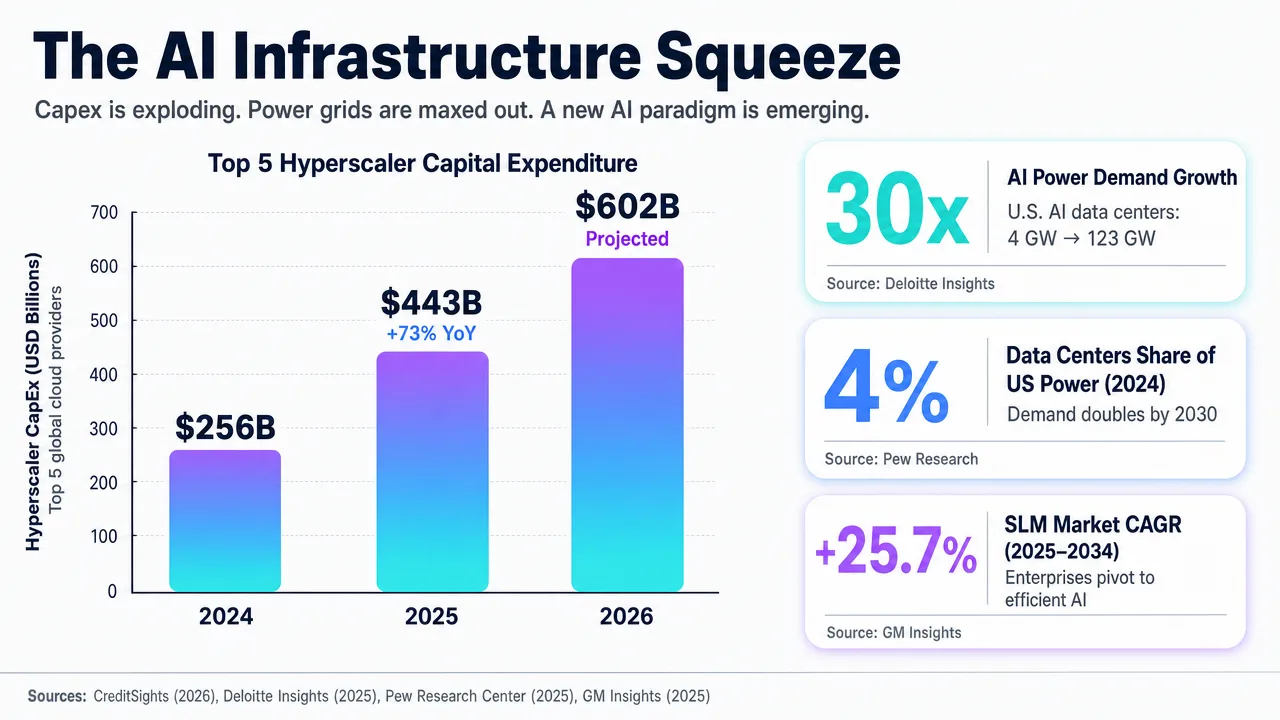 Bar chart showing projected hyperscaler capital expenditure from 2024-2026, illustrating the AI infrastructure squeeze and power demands.