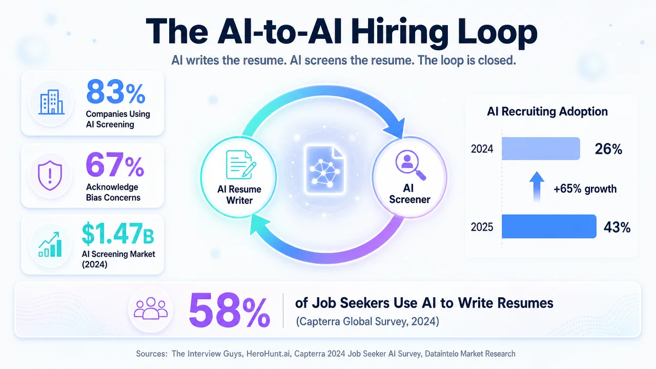 Infographic illustrating the AI-to-AI hiring loop where AI writes and screens resumes, with statistics on AI screening adoption and concerns.