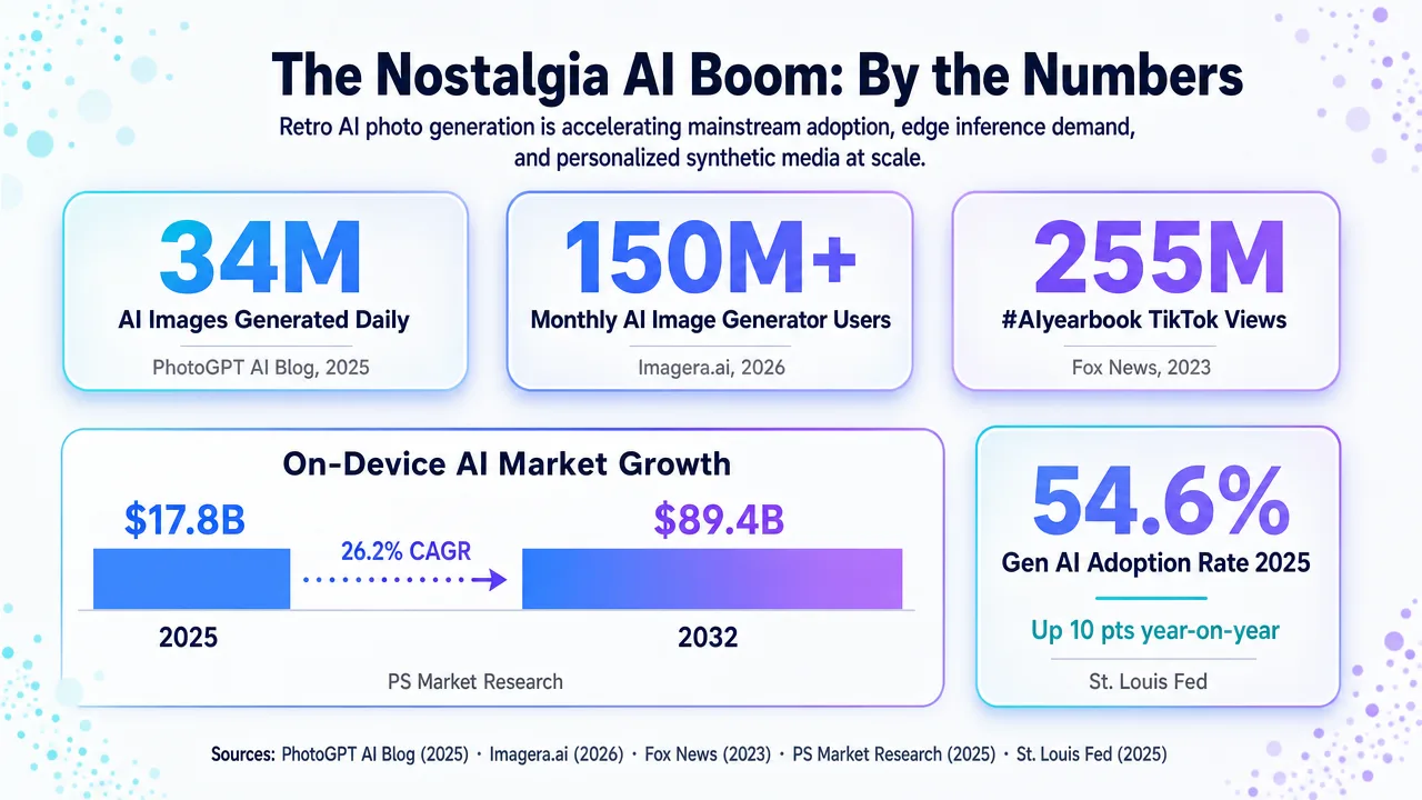 Infographic showing the Nostalgia AI Boom with statistics on AI image generation, user numbers, and market growth.