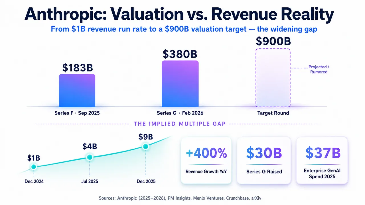 Chart showing Anthropic's valuation growth from $183B to a projected $900B target, alongside revenue growth and funding.