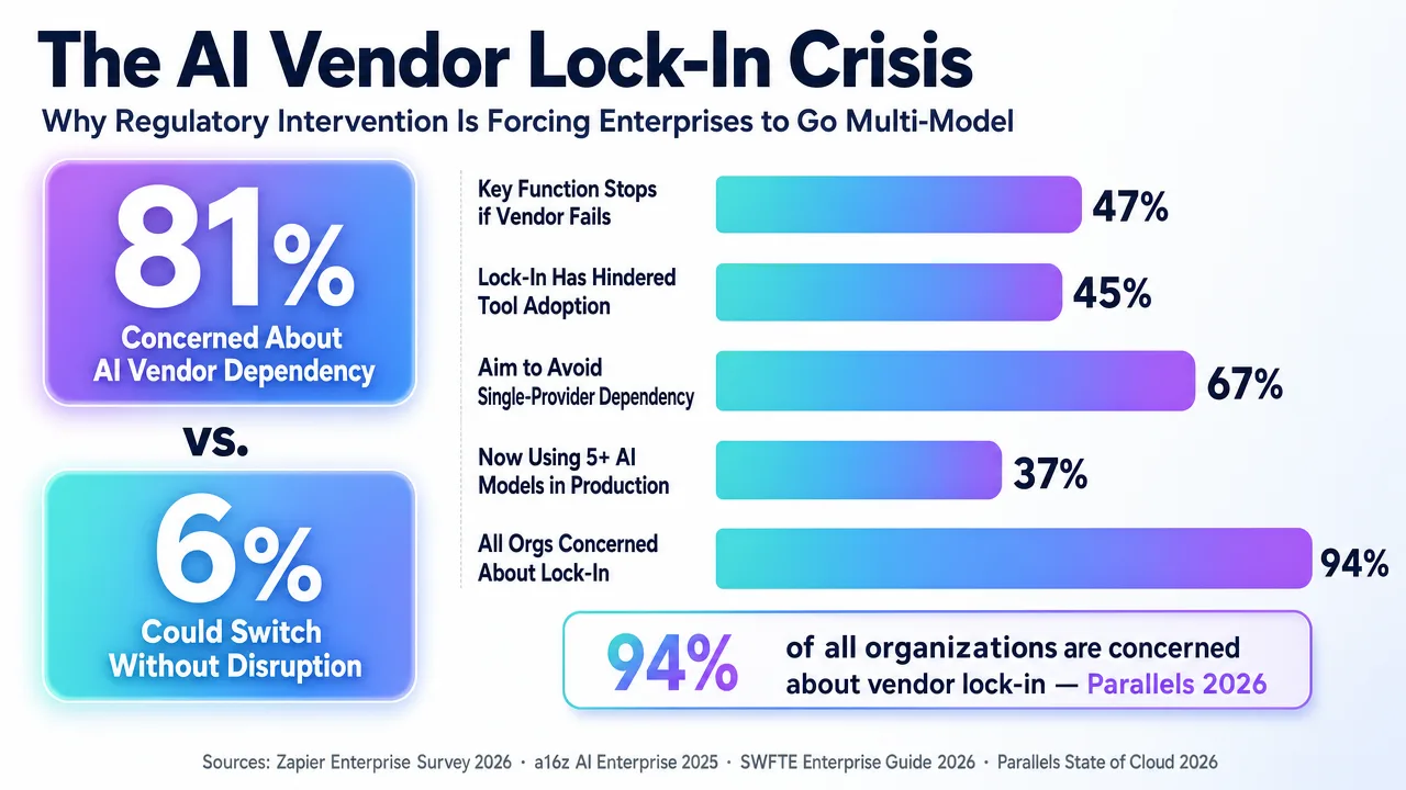 Infographic showing AI vendor lock-in crisis and regulatory intervention forcing enterprises to adopt multi-model strategies.
