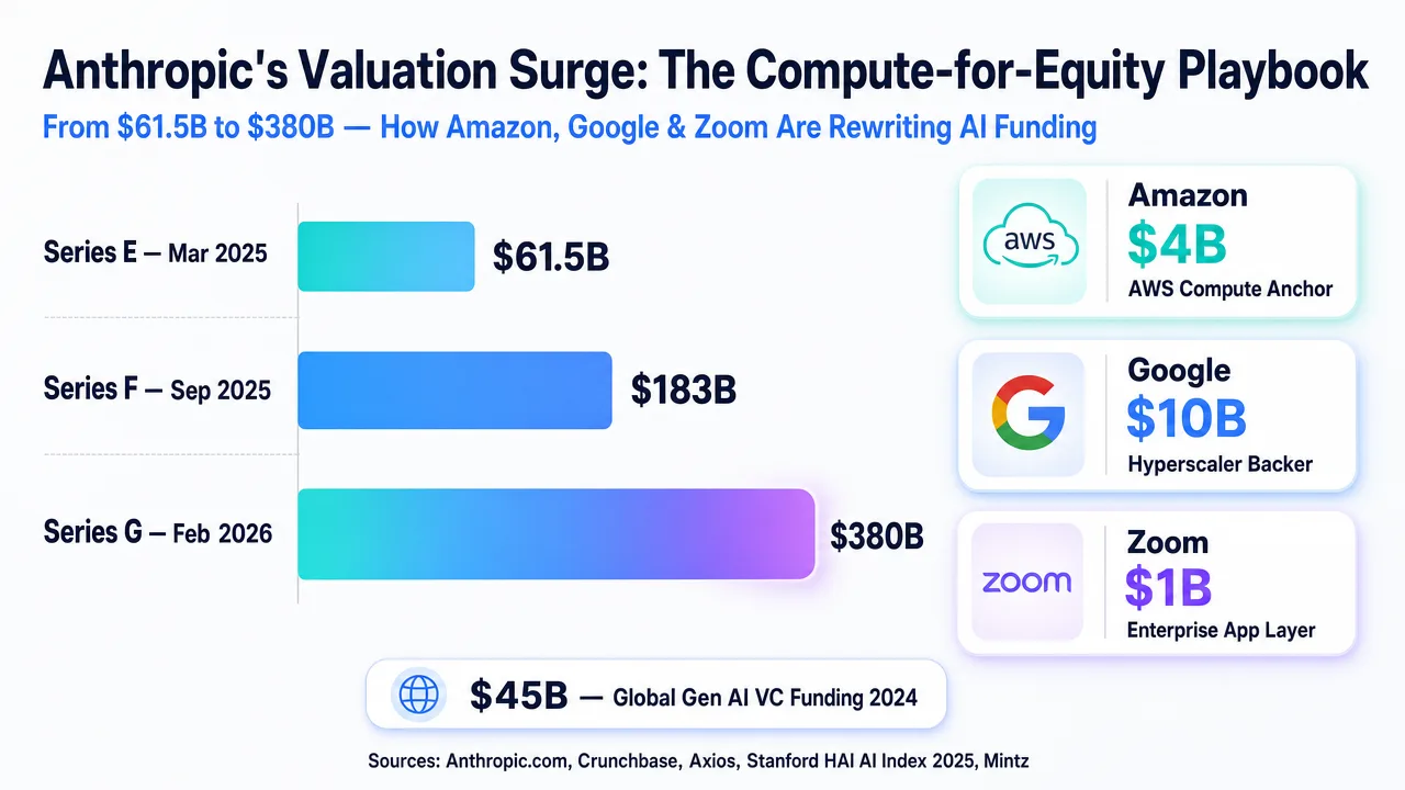 Chart showing Anthropic's valuation surge from $61.5B to $380B, detailing investments from Amazon, Google, and Zoom.