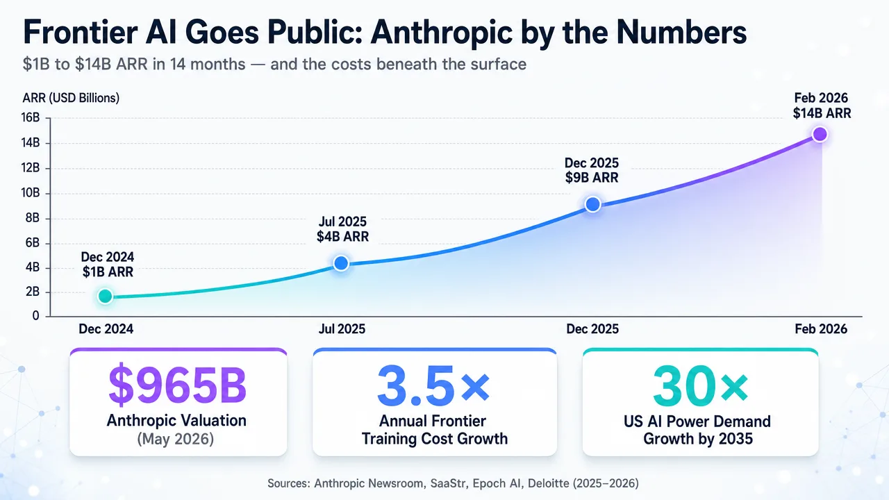 Graph showing Anthropic's projected revenue growth and AI power demand, detailing valuation and cost increases for frontier AI.