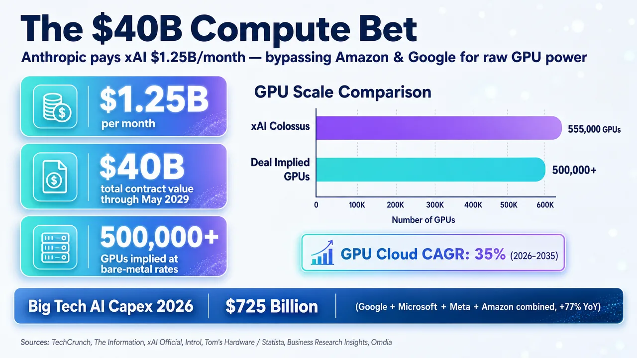 Infographic detailing Anthropic's $1.25B monthly compute deal with xAI, showing GPU scale comparison and contract value.