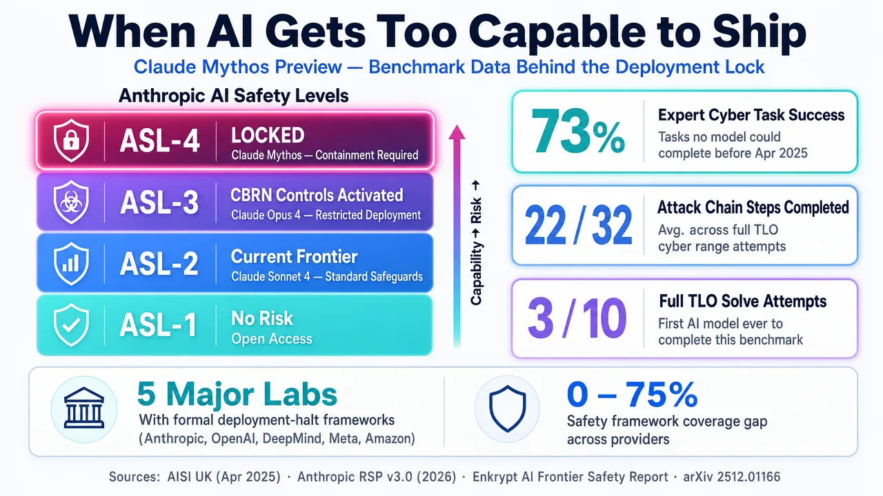 Anthropic AI safety levels chart showing Claude Mythos locked at ASL-4 due to high capability and risk, with benchmark data.