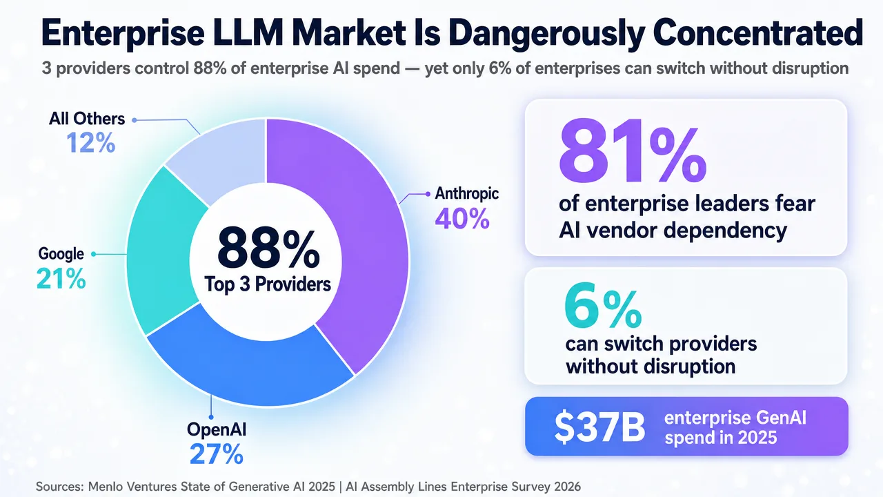 Pie chart illustrates the enterprise LLM market concentration, with Top 3 Providers controlling 88% of spend, highlighting Anthropic's 40% share and low provider switching capability.