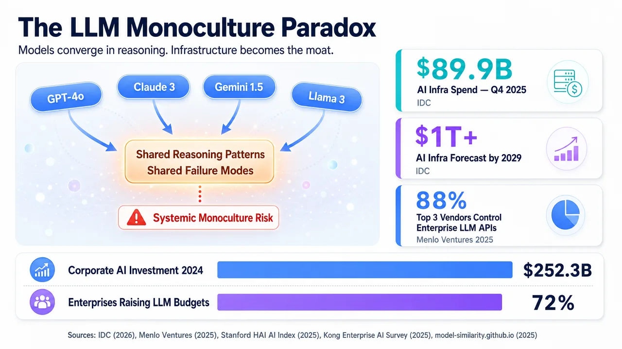 Infographic illustrating the LLM Monoculture Paradox, showing shared reasoning patterns and failure modes across different AI models.