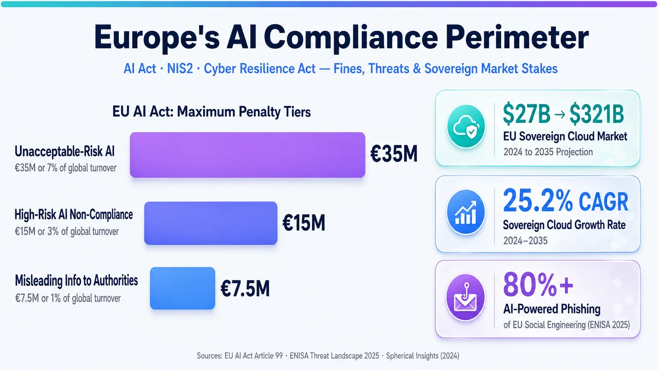 Infographic detailing Europe's AI compliance perimeter, including AI Act penalties, cyber resilience, and market stakes.