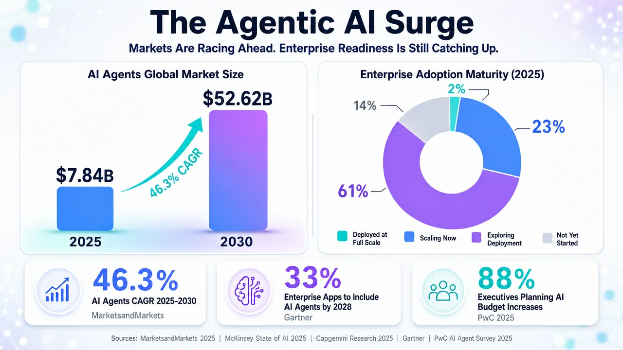 Infographic showing the Agentic AI Surge, with global market size projections and enterprise adoption maturity data for AI agents.