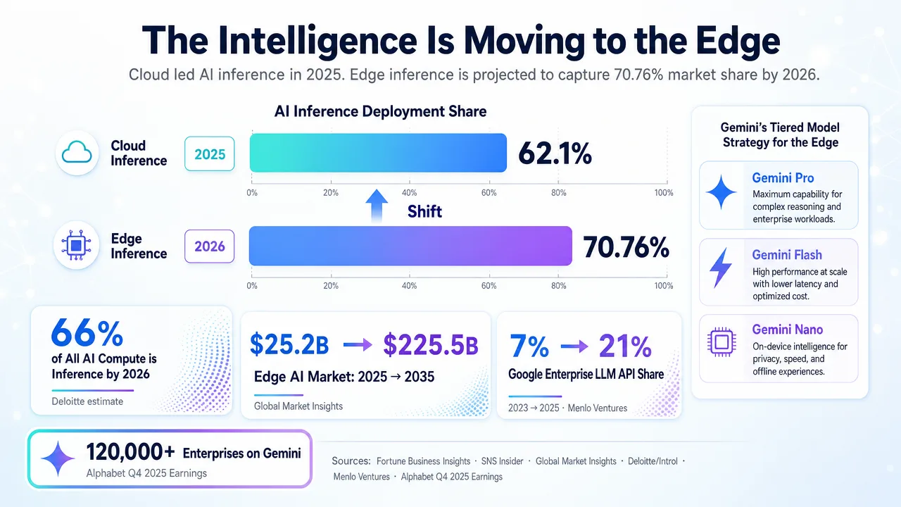 Infographic showing AI inference market share shift from cloud to edge, Gemini's tiered strategy, and market growth projections.