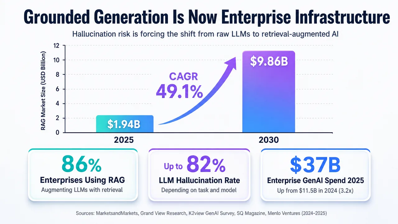 Chart showing the projected growth of grounded generation in enterprise AI, highlighting CAGR and market value.