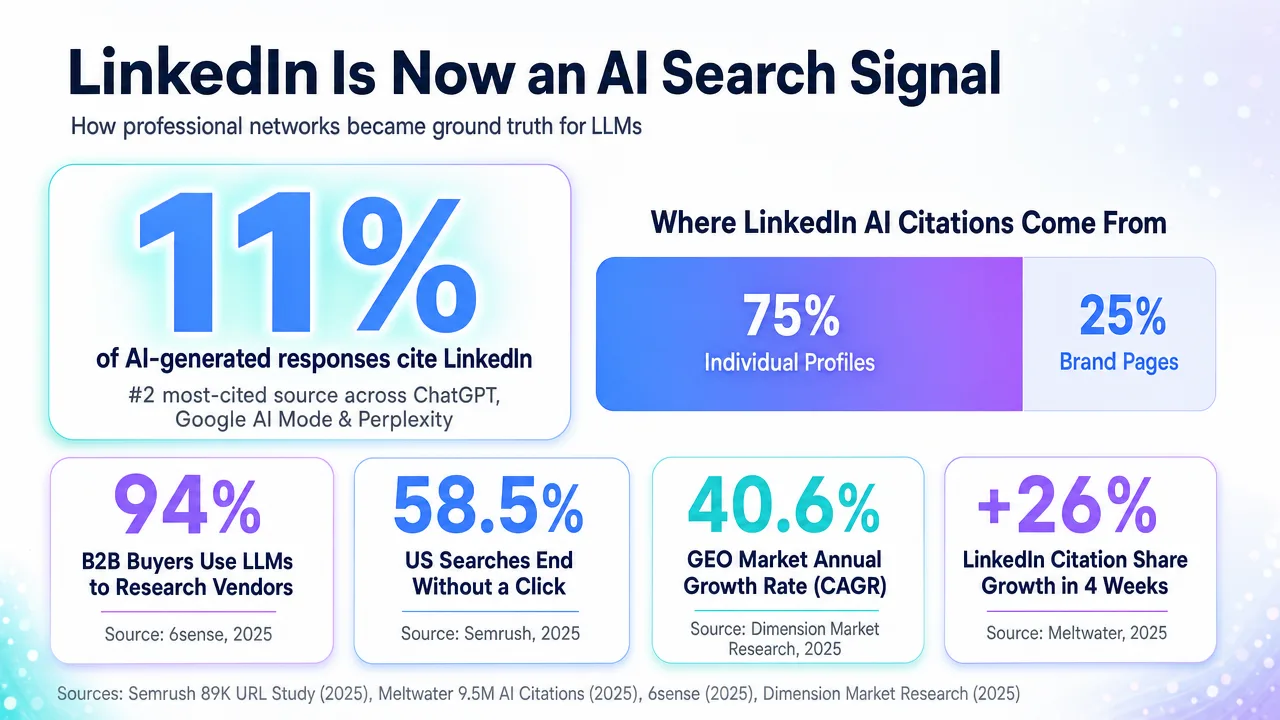 Infographic showing LinkedIn's impact on AI search signals, with statistics on AI-generated responses citing LinkedIn and where citations originate.