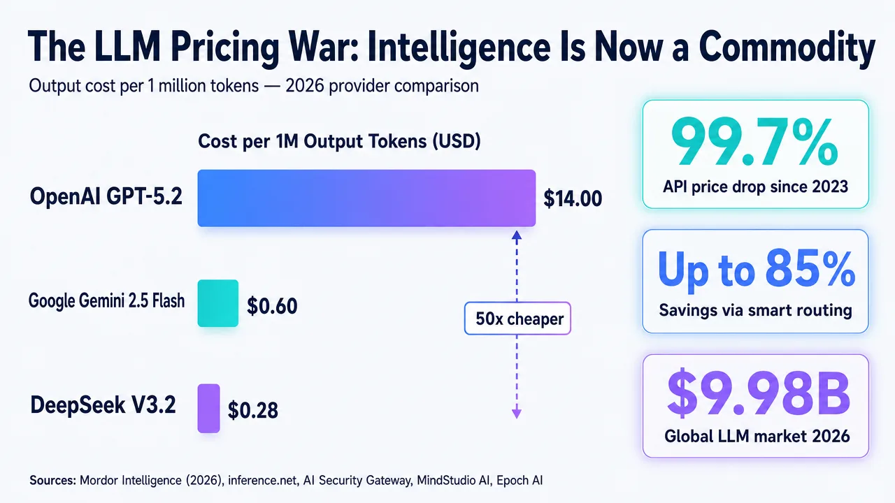 LLM pricing comparison chart showing cost per 1 million tokens for GPT-5.2, Gemini 2.5 Flash, and DeepSeek V3.2, highlighting cost savings.