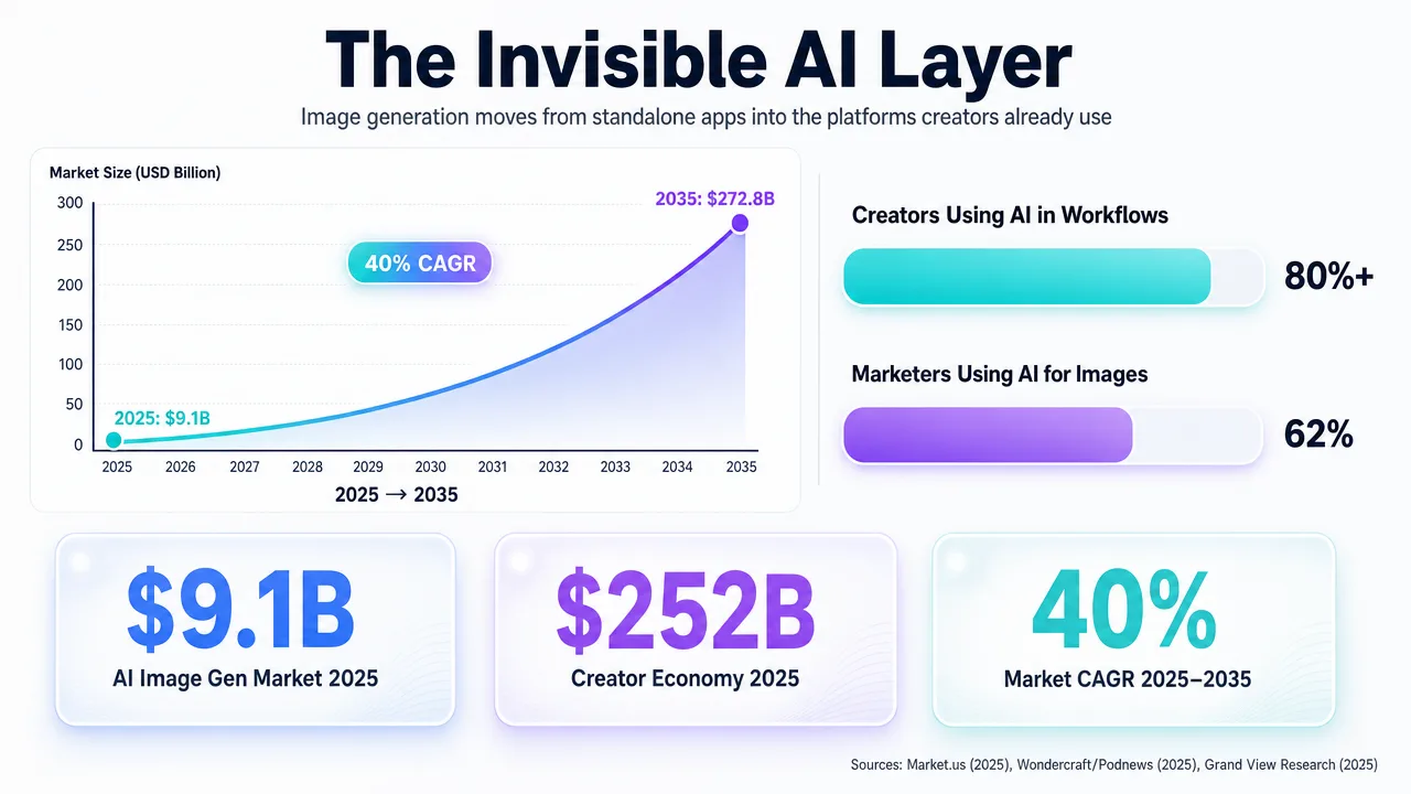 Infographic showing the growth of the invisible AI layer in image generation and creator economy, with market projections and CAGR.