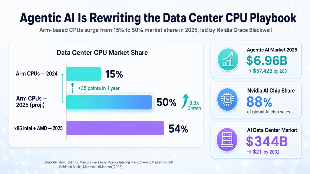 Data Center CPU Market Share chart showing Arm-based CPUs surging to 50% by 2025, driven by Nvidia Grace Blackwell for agentic AI.
