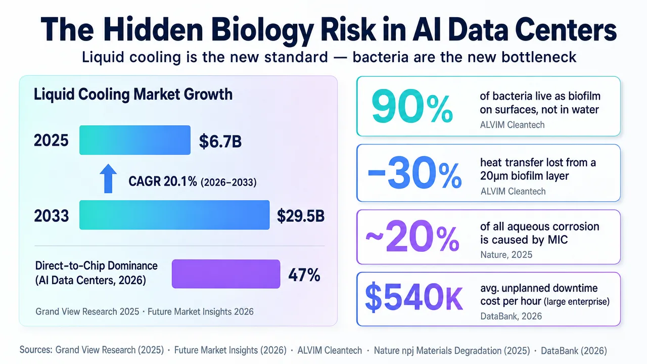 Infographic detailing the risks of bacteria in AI data centers, highlighting market growth and potential costs.