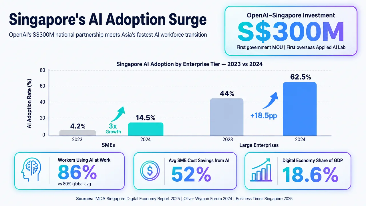 Infographic detailing Singapore's AI adoption surge, highlighting OpenAI's S$300M investment and growth in AI adoption by SMEs and large enterprises.