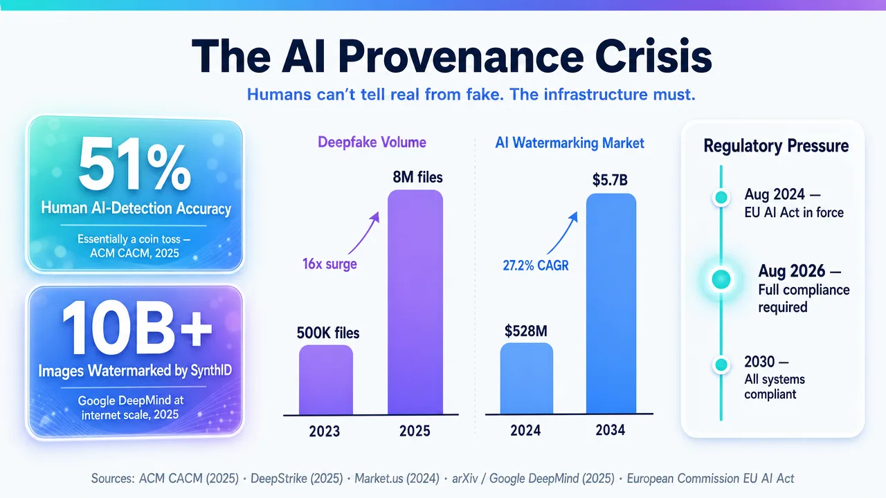 Infographic detailing the AI Provenance Crisis, deepfake volume, AI watermarking market, and regulatory timeline.