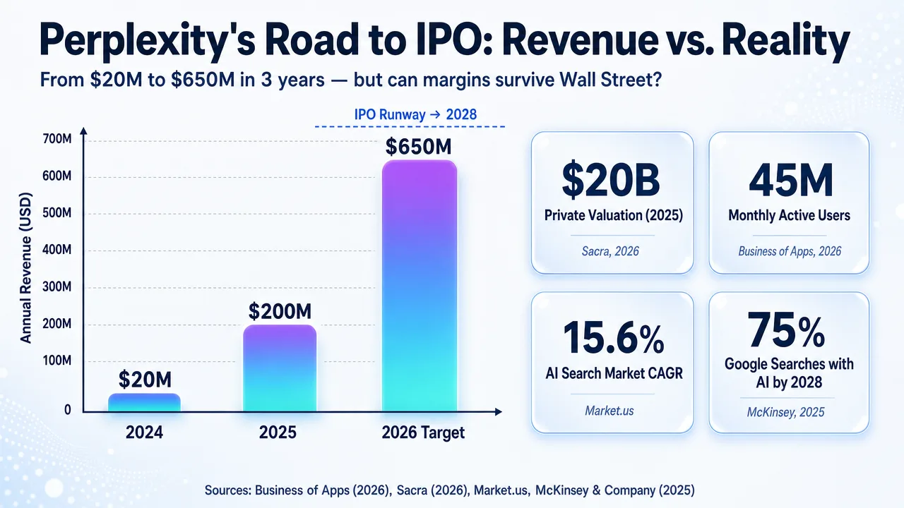 Perplexity's IPO roadmap graphic showing revenue growth targets and key valuation metrics leading up to 2028.